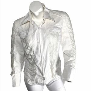 Tribal White Lace-Panel Zip Front Jacket